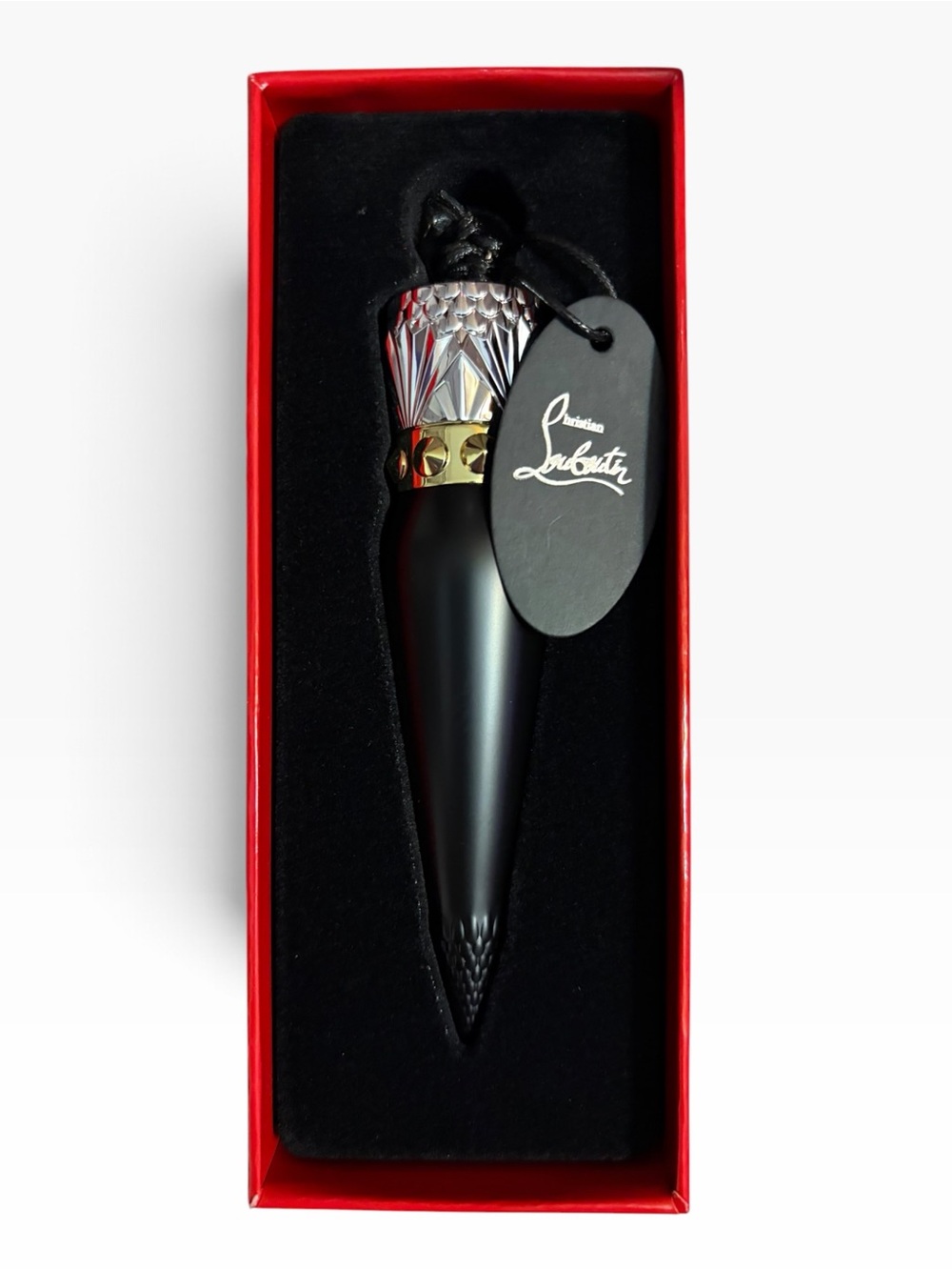 Christian Louboutin Black Spike-Detail Lipstick Holder with red lipstick